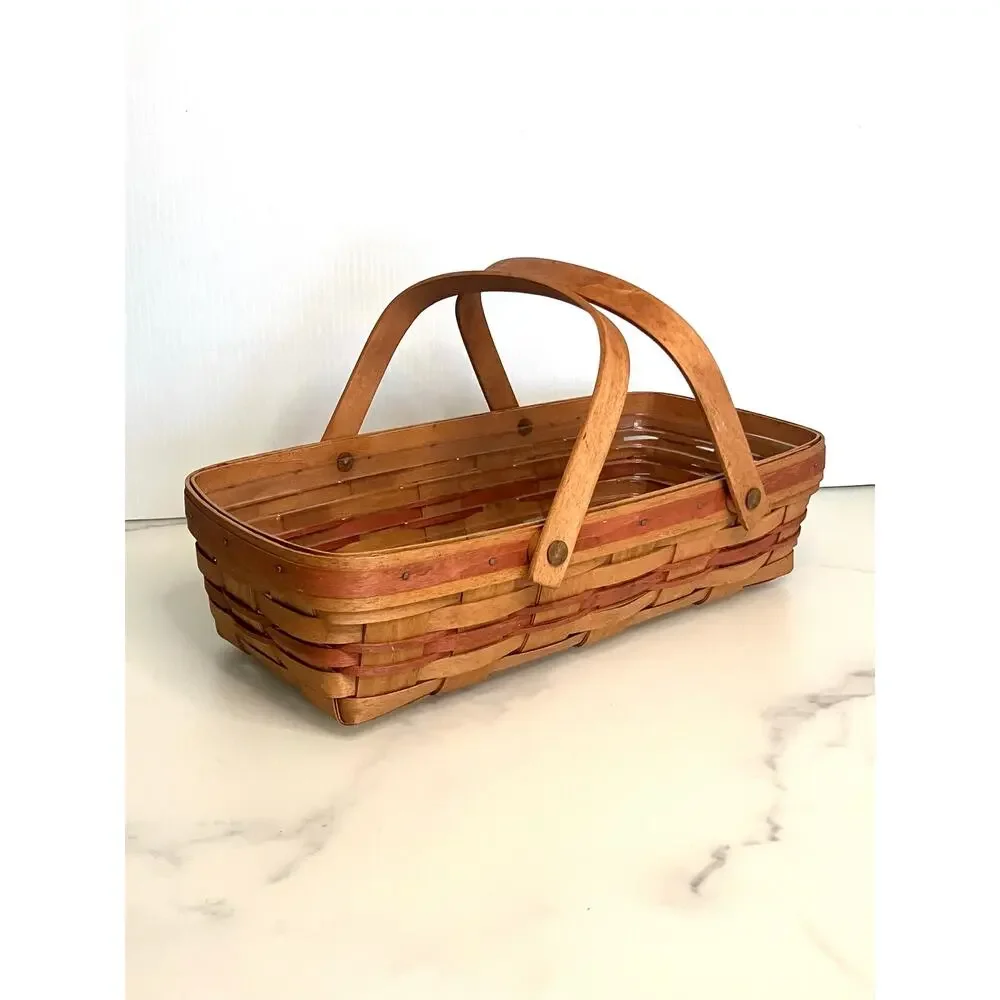 Longaberger Medium Gathering Basket Red Slat Double Swinging Handle & Liner 1991
